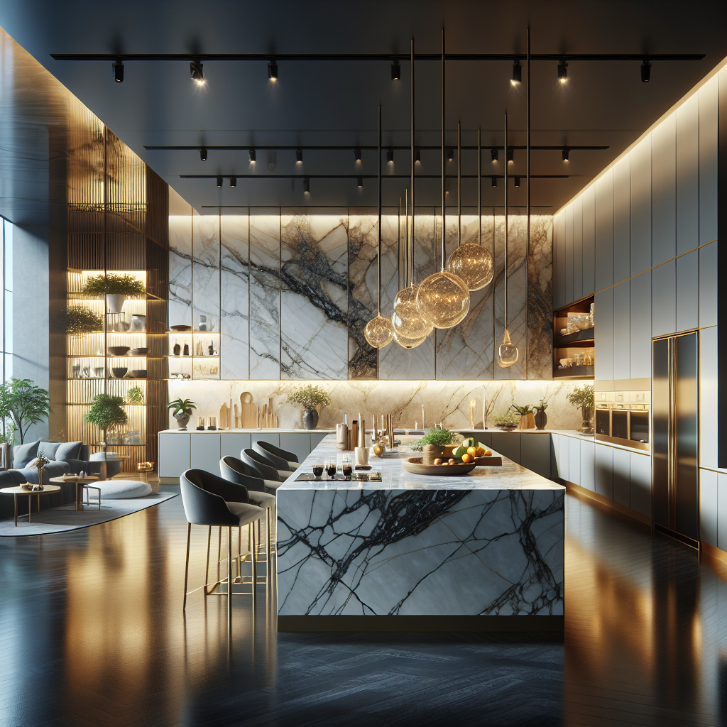 מטבח מודרני עם שיש יוקרתי ומטבח פתוח