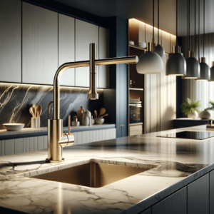 ברז מטבח מודרני בעיצוב עכשווי, מותקן על כיור במטבח