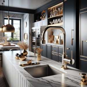 ברז לבן למטבח מודרני על רקע מטבח מעוצב