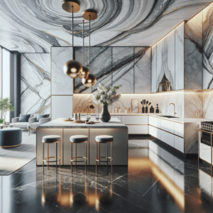 מטבח מעוצב עם שיש לבן וגידים